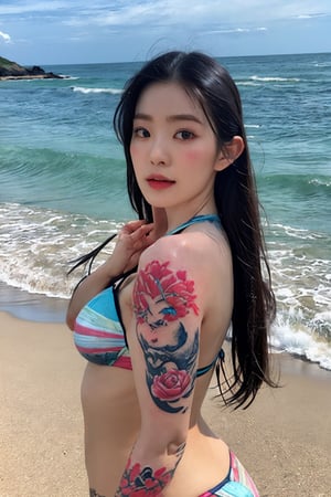tattoo, 1girls, dragontattoo, modelpose, realistic, body_tattoo, background_beach, 8k, colorful, bikini, yakuza_tattoo, tatoo, irenelorashy, the seaside, the seashore