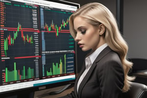 detailed skin, seductive young blonde wearing in business attire, she is reviewing a complex stock chart displayed in ThinkOrSwim with a sign the reads "VP OF BONERS"
