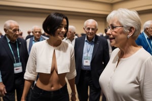 Beautiful very short small girl, viewed_from_side, medium boobs, abs six pack, dark short cut hairstyle, blue eyes, white blouse, walking through a group of elderly old men at a conference 