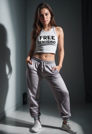 beautiful young woman wearing sweat pants, cinematic lighting,text as "free demo w $50 condom",style_brush