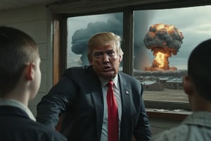 nuclear explosion visible outside the window, Donald Trump highly detailed face, with students in a run down classroom, cinematic lighting, 