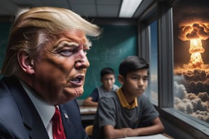 nuclear explosion visible outside the window, Donald Trump highly detailed face, with students in a classroom, cinematic lighting, Donald Trump is happy
