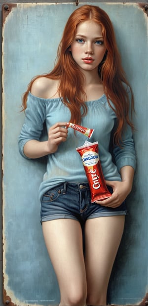 a girl holds with big an inscription, clear large distinguishable words,ultra realistic HD portrait, on the sign it says  "Free Condom Fittings"  / Hyperrealistic sexy Girl Portrait,full body,red long hair,ultra detail blue eyes,face,perfect body**: An extremely high-resolution hyperrealistic portrait of a girl, pushing the boundaries of realism with fine textures and lifelike details.
,vintagepaper,text as "Free Condom Fitting",v0ng44g