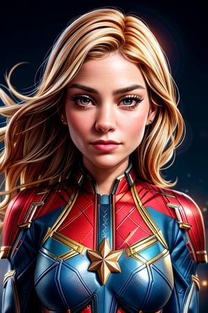 best quality,ultra-detailed,realistic:1.37,(HDR,UHD),(studio lighting),(physically-based rendering),(extreme detail description),(professional),(vivid colors),(bokeh),portraits,Sienna Miller as captain marvel,beautiful detailed eyes,glowing energy,cosmic background,striking costume,red, blue, and gold color scheme,dramatic lighting