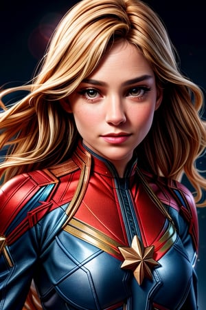 best quality,ultra-detailed,realistic:1.37,(HDR,UHD),(studio lighting),(physically-based rendering),(extreme detail description),(professional),(vivid colors),(bokeh),portraits,Sienna Miller as captain marvel,beautiful detailed eyes,beautiful detailed lips,extremely detailed eyes and face,flying in the sky,dynamic action,glowing energy,cosmic background,striking costume,red, blue, and gold color scheme,dramatic lighting