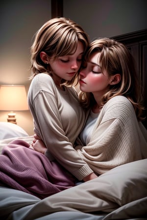 intimate scene,lesbian couple,(best quality,4k,8k,highres,masterpiece:1.2),ultra-detailed,realistic,photorealistic:1.37,Tender Love,soft and warm colors,gentle lighting,emotional connection,affectionate embrace,warm kisses,subtle intimacy,romantic atmosphere,in a cozy bedroom,soft pillows and blankets