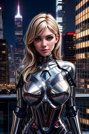 (best quality,4k,8k,highres,masterpiece:1.2),ultra-detailed,(realistic,photorealistic,photo-realistic:1.37),Sienna Miller in metallic suit,shiny fabric,reflective surface,sleek design,innovative concept,expressive eyes,futuristic hairstyle,confident pose,cityscape in the background,vibrant colors,surreal lighting,sci-fi atmosphere,artistic rendering,original concept,high fashion styling,modern architecture,impressive visual effects,attention to detail,stylish accessories,robotic elements,edgy makeup,extraordinary fashion flair,mysterious aura,metropolitan setting,captivating presence,technological advancements,electric energy,creative composition,contemporary elegance,striking visual impact