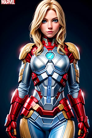 Sienna Miller, medium length blonde hair, blue eyes, detailed eyes, pale skin, looking confident, battleground, ironman suite, serious, ultra-detailed, high_res, marvel_comics