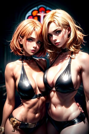 full_portrait, female couple, bikini and leather halter top, cleavage, blonde hair, red hair, background, church, french_kiss, perfect female body, picture perfect face, ultra high quality, 10k resolution, fmg, Realism, perfecteyes, dark studio, 