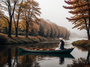 dawn,daybreak,Morning,deep forest,fall,autumn_leaves ,river,boat,oars,wet fog,1 girl is sitting on the boat, wearing white dress and ladyhat,she is pulling on the oars,wrenchfaeflare,