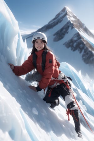 Mountain Everest,glacier,an explorer,16 yo,beautiful girl,very long hair, straight hair,brown hair, climbing mountain Everest,smile,wearing mountain climbing cloth,boots and helmet,Best Quality, 32k, photorealistic, ultra-detailed, finely detailed, high resolution, perfect dynamic composition, beautiful detailed eyes, sharp-focus, cowboy shot,front view,Chinese ink painting