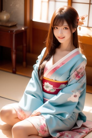 japanese room,beautiful girl,16 yo, dark hair,straight hair,bangs,wearing kimono,sitting on floor,accessories,smile,Best Quality, 32k, photorealistic, ultra-detailed, finely detailed, high resolution, perfect dynamic composition, beautiful detailed eyes, sharp-focus, cowboy shot,More Detail,washitsu