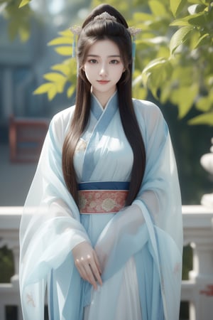 ancient chinese palace,secret garden,girl,1 yo,queen's hair,very_long_hair,hair_past_waist,smile,wearing transparent green long hanfu(very long sleeves),Best Quality, 32k, photorealistic, ultra-detailed, finely detailed, high resolution, perfect dynamic composition, beautiful detailed eyes, sharp-focus, cowboy_shot, front shot,binghanfu,1girl