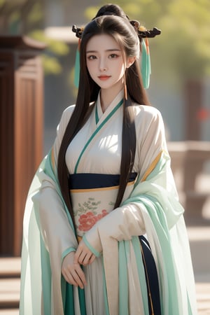 ancient chinese palace,secret garden,girl,1 yo,queen's hair,very_long_hair,hair_past_waist,smile,wearing transparent green long hanfu(very long sleeves),Best Quality, 32k, photorealistic, ultra-detailed, finely detailed, high resolution, perfect dynamic composition, beautiful detailed eyes, sharp-focus, cowboy_shot, front shot,hanfu101,gufeng