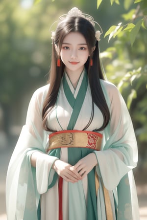 ancient chinese palace,secret garden,girl,1 yo,queen's hair,smile,wearing transparent green long hanfu(very long sleeves),Best Quality, 32k, photorealistic, ultra-detailed, finely detailed, high resolution, perfect dynamic composition, beautiful detailed eyes, sharp-focus, cowboy_shot, front shot,