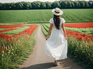 horizon,green grass field,flower field,1 girl is walking on road between flower field, wearing white dress and ladyhat,very_long_hair,backside shot,
