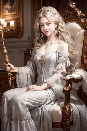 the living room of a mansion,antique furnitures,1 girl,smile,grey blonde hair,curly hair,very_long_hair,tiny earrings,tiny necklace,sitting on throne,holding a staff,Best Quality, 32k, photorealistic, ultra-detailed, finely detailed, high resolution, perfect dynamic composition, beautiful detailed eyes, sharp-focus, cowboy shot,More Detail,
