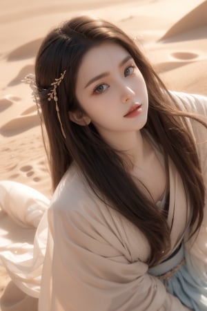 sky,desert, dune,sun,wind,sand storm,16 yo,beautiful girl,very long hair, straight hair,brown hair,wearing hanfu,lying on dune,she is looking up sky,Best Quality, 32k, photorealistic, ultra-detailed, finely detailed, high resolution, perfect dynamic composition, beautiful detailed eyes, sharp-focus, cowboy shot,under view shot,