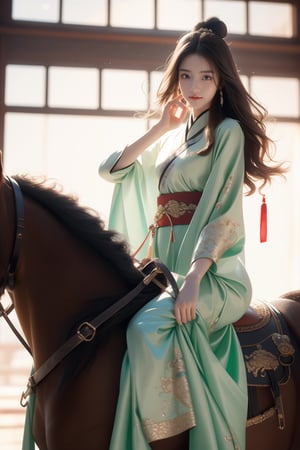 background is green field,
18 yo, 1 girl, beautiful korean girl, wearing beautiful hanfu(red),cape,riding a horse,shining bracelet, smile, solo, {beautiful and detailed eyes}, dark eyes, calm expression, natural and soft light, delicate facial features, ((model pose)), Glamor body type, (dark hair:1.2), simple tiny earrings,very_long_hair,hair past hip, bang,straight hair, big buns,flim grain, realhands, masterpiece, Best Quality, 16k, photorealistic, ultra-detailed, finely detailed, high resolution, perfect dynamic composition, beautiful detailed eyes, eye smile, ((nervous and embarrassed)), sharp-focus, full_body, sexy pose, cowboy_shot,Bomi,ancient_chinese_indoors,horse,riding,horseback_riding,Samurai girl