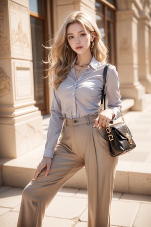 Louvre museum in Paris,16 yo,beautiful girl,fashion model,very long hair,curly hair,grey blonde hair,tall,slim body,wearing striped long sleeve collared shirts, long beige pants and heels,shoulder bag,tiny necklace,smile,Best Quality, 32k, photorealistic, ultra-detailed, finely detailed, high resolution, perfect dynamic composition, beautiful detailed eyes, sharp-focus, cowboy shot,perfect legs,Fantasy detailers,Casual dress,Bohemian fashion,Western fashion,Realistic,Hyper detailed