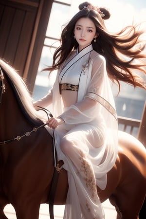 forest,fog,flower leaves, flying in the wind,
20 yo, 1 girl, beautiful girl, wearing beautiful hanfu(white transparent),cape(white transparent),riding a horse(black),shining bracelet, smile, solo, {beautiful and detailed eyes}, dark eyes, calm expression, natural and soft light, delicate facial features, ((model pose)), Glamor body type, (dark hair:1.2), simple tiny earrings,very_long_hair,hair past hip, bang,straight hair, big buns,flim grain, realhands, masterpiece, Best Quality, 16k, photorealistic, ultra-detailed, finely detailed, high resolution, perfect dynamic composition, beautiful detailed eyes, eye smile, ((nervous and embarrassed)), sharp-focus, full_body, sexy pose, cowboy_shot,Bomi,ancient_chinese_indoors,horse,riding,horseback_riding,Samurai girl