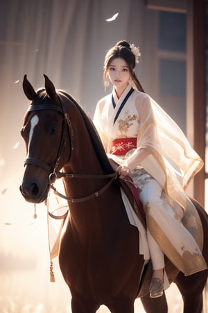 forest,fog,flower leaves flying in the wind,
20 yo, 1 girl, beautiful girl, wearing beautiful hanfu(white transparent),cape(white transparent),riding a horse(black),shining bracelet, smile, solo, {beautiful and detailed eyes}, dark eyes, calm expression, natural and soft light, delicate facial features, ((model pose)), Glamor body type, (dark hair:1.2), simple tiny earrings,very_long_hair,hair past hip, bang,straight hair, big buns,flim grain, realhands, masterpiece, Best Quality, 16k, photorealistic, ultra-detailed, finely detailed, high resolution, perfect dynamic composition, beautiful detailed eyes, eye smile, ((nervous and embarrassed)), sharp-focus, full_body, sexy pose, cowboy_shot,Bomi,ancient_chinese_indoors,horse,riding,horseback_riding,Samurai girl