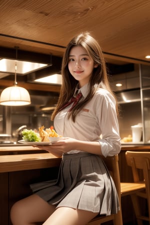 high school student,girl,school uniform,she is having food,smile,kobeyarestaurant, open kitchen, scenery, chair, table, ceiling light, indoors, lamp, cup, restaurant, light, realistic,Best Quality, 32k, photorealistic, ultra-detailed, finely detailed, high resolution, perfect dynamic composition, beautiful detailed eyes, sharp-focus, cowboy_shot,kobeyarestaurant