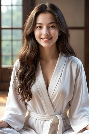 simple_background,16 yo,beautiful girl,very_long_hair,hair_past_waist,waist length hair,curly hair,dark brown hair,slim waist,she has 1 more eye at the middle of the forehead,wearing simple white robe,yoga sitting,smile,Best Quality, 32k, photorealistic, ultra-detailed, finely detailed, high resolution, perfect dynamic composition, beautiful detailed eyes, sharp-focus, cowboy shot,front shot,