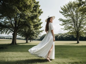 hill(green grass field),a big old tree,1 girl,standing under the tree and leaned back against the tree. wearing white dress and ladyhat,very_long_hair,blonde hair,Asia