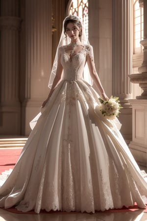 a magnificent cathedral,stained glasses,red carpet,marble floor,royal wedding,beautiful bride,grey brown hair, she is wearing beautiful wedding dress, heels,accesories, and holding buquet,she is marching,smile,Best Quality, 32k, photorealistic, ultra-detailed, finely detailed, high resolution, perfect dynamic composition, beautiful detailed eyes, sharp-focus, cowboy shot,full body,ruanyi0263