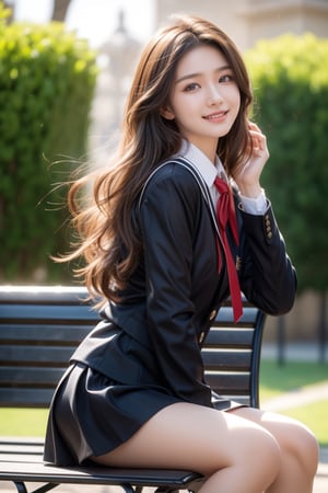 early morning,garden,rese,bench,high school student,16 yo,girl,very long hair, curly hair,wearing school uniform(long sleeves),sitting on bench,smile,side lights,backlighting,Best Quality, 32k, photorealistic, ultra-detailed, finely detailed, high resolution, perfect dynamic composition, beautiful detailed eyes, sharp-focus, cowboy shot,