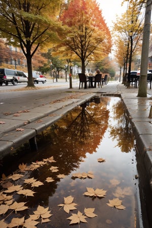 fall,autumn,fall_leaves,urban street,cafe(parasol,table and chair),There is a small puddle on the road,Red Maple leaves are floating on the water, close up puddle,