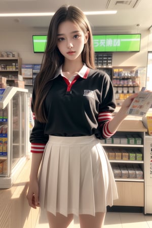 In convenience store,high school student,girl,school uniform,tall to with cashier,Best Quality, 32k, photorealistic, ultra-detailed, finely detailed, high resolution, perfect dynamic composition, beautiful detailed eyes, sharp-focus, cowboy_shot, ,konbini