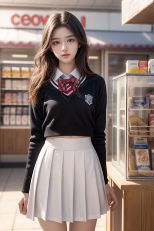 In convenience store,high school student,girl,school uniform,Best Quality, 32k, photorealistic, ultra-detailed, finely detailed, high resolution, perfect dynamic composition, beautiful detailed eyes, sharp-focus, cowboy_shot, ,konbini