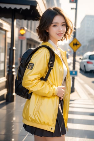 1 girl,short hair,curly hair,smile,wearing wind jacket,school uniform and rain boots(yellow color),backpack,she is walking on street,crosswalk,Best Quality, 32k, photorealistic, ultra-detailed, finely detailed, high resolution, perfect dynamic composition, beautiful detailed eyes, sharp-focus, cowboy_shot,