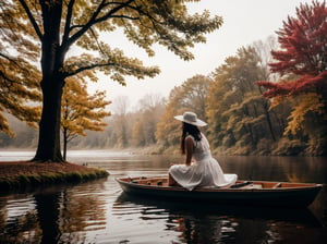 dawn,daybreak,Morning,deep forest,fall,autumn_leaves ,river,wet fog,1 girl is sitting on the boat, wearing white dress and ladyhat,wrenchfaeflare