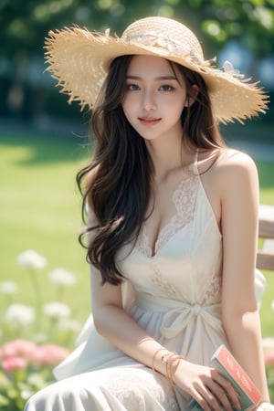 sitting at flower garden,many flowers surrounding,green field,flower filed,various flowers,
16 yo, 1 girl,beautiful korean girl,(happy laugh)
wearing beautiful white dress, benny(straw hat),holding a book with a hand,reading a book,
 shining bracelet,solo, {beautiful and detailed eyes}, dark eyes,calm expression, natural and soft light, delicate facial features, ((model pose)), Glamor body type, (dark hair:1.2), very_long_hair, hair past hip, curly hair, flim grain, realhands, masterpiece, Best Quality, 16k,photorealistic, ultra-detailed, finely detailed, high resolution, perfect dynamic composition, beautiful detailed eyes, eye smile, ((nervous and embarrassed)), sharp-focus, full_body, sexy pose,cowboy_shot,AS,ruanyi0113, ,ctrdress