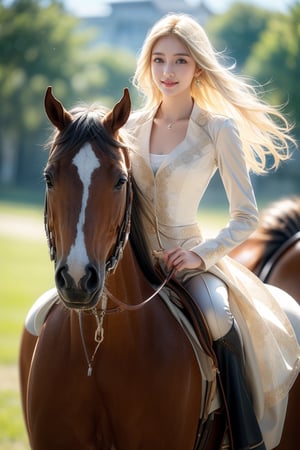 background is grass field,horizon,
1 girl, 16 yo, beautiful girl,riding a horse(white),wearing equestrian uniform(grey),happy smile,
,solo, {beautiful and detailed eyes}, dark eyes, calm expression, delicate facial features, ((model pose)), Glamor body type, medium breasts,(blonde hair:1.2), simple tiny earrings, simple tiny necklace,hair_past_waist,very_long_hair, curly hair, flim grain, realhands, masterpiece, Best Quality, 16k, photorealistic, ultra-detailed, finely detailed, high resolution, perfect dynamic composition, beautiful detailed eyes, ((nervous and embarrassed)), sharp-focus, full_body, cowboy_shot,horse,riding,horseback_riding