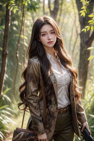 forest,16 yo,girl,very long hair, curly hair,wearing hunting suit,ambushing in the forest,aiming deer with a rifle,Best Quality, 32k, photorealistic, ultra-detailed, finely detailed, high resolution, perfect dynamic composition, beautiful detailed eyes, sharp-focus, cowboy shot,