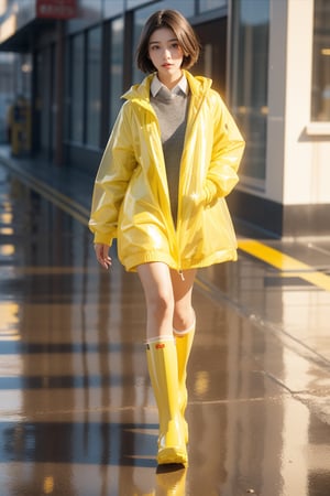 high school student,girl,16 yo,short hair,wearing long rain coat(yellow color),school uniform and rain boots(yellow color),she is walking on street,Best Quality, 32k, photorealistic, ultra-detailed, finely detailed, high resolution, perfect dynamic composition, beautiful detailed eyes, sharp-focus, cowboy_shot, 