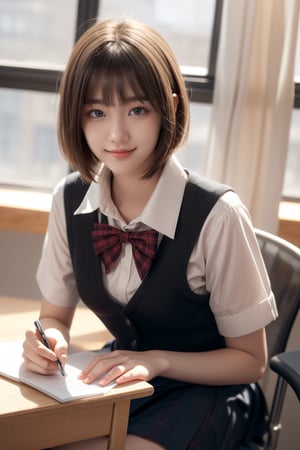 class_room,high school student,girl,short hair,bangs,wearing school uniform,she is sitting at desk and taking note,smile,Best Quality, 32k, photorealistic, ultra-detailed, finely detailed, high resolution, perfect dynamic composition, beautiful detailed eyes, sharp-focus, cowboy_shot, front shot,