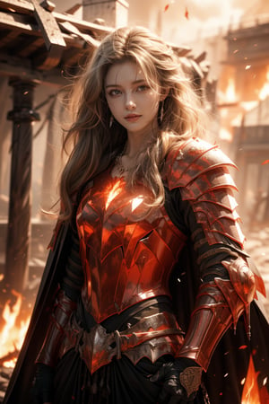 background is horizon,dark sky,smoke,flare,burning ground,lava,plateau of lava,hell,a girl,smile,grey blonde hair,curly hair,very_long_hair,tiny earrings,tiny necklace,wearing broken armor and blacken and torn red cape,she drop to the ground,Best Quality, 32k, photorealistic, ultra-detailed, finely detailed, high resolution, perfect dynamic composition, beautiful detailed eyes, sharp-focus, cowboy shot,More Detail,xuer plate armor,creepy,DonMB14ckR0ck,f1ame