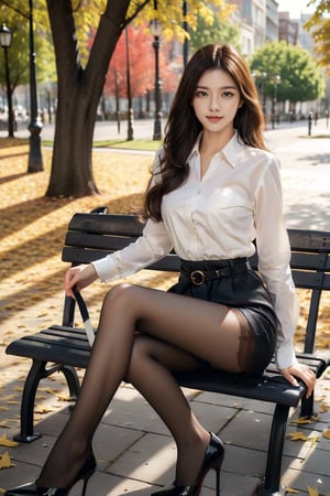 autumn,park,16 yo,beautiful girl,very_long_hair,hair_past_waist,waist length hair,curly hair,dark brown hair,slim waist,wearing white collared shirts and highheels,sitting on bench,smile,Best Quality, 32k, photorealistic, ultra-detailed, finely detailed, high resolution, perfect dynamic composition, beautiful detailed eyes, sharp-focus, cowboy shot,front shotsmooth pantyhose,Park_Bench_background