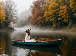 dawn,daybreak,Morning,deep forest,fall,autumn_leaves ,river,boat,oars,wet fog,1 girl is sitting on the boat, wearing white dress and ladyhat,very_long_hair,she is pulling on the oars,wrenchfaeflare,JeeSoo 