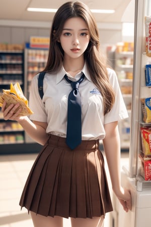 In convenience store,high school student,girl,school uniform,she is bite a snack,Best Quality, 32k, photorealistic, ultra-detailed, finely detailed, high resolution, perfect dynamic composition, beautiful detailed eyes, sharp-focus, cowboy_shot, ,konbini