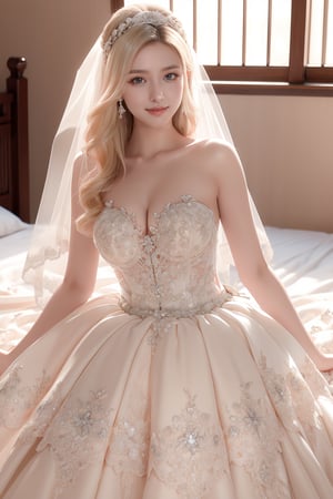 beautiful bride,blonde hair, she is wearing beautiful short wedding dress, heels,accesories,she is lyng on bed,happy smile,face lighting,Best Quality, 32k, photorealistic, ultra-detailed, finely detailed, high resolution, perfect dynamic composition, beautiful detailed eyes, sharp-focus, cowboy shot,ruanyi0263,bridal veil,wedding dress,wedding_dress