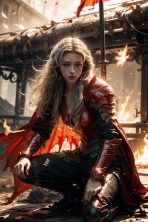 background is horizon,dark sky,smoke,flare,burning ground,burning flag,ash,hell,a girl,grey blonde hair,curly hair,very_long_hair,tiny earrings,tiny necklace,wearing broken armor and blacken and torn red cape,she is going down on a knee,Best Quality, 32k, photorealistic, ultra-detailed, finely detailed, high resolution, perfect dynamic composition, beautiful detailed eyes, sharp-focus, cowboy shot,More Detail,xuer plate armor,creepy,DonMB14ckR0ck,f1ame,xuer martial arts