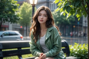 Rainy garden,rose vines,rambling rose,bench,street lamp,16 yo,girl,very long hair, curly hair,wearing rain coat,sitting on bench,side lights,backlighting,Best Quality, 32k, photorealistic, ultra-detailed, finely detailed, high resolution, perfect dynamic composition, beautiful detailed eyes, sharp-focus, cowboy shot,rain, Rainy Day