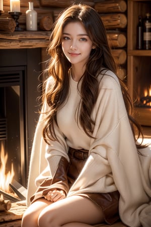 night,in the log cabin,fireplace,16 yo,girl,very long hair, curly hair,wearing hunting suit,pull a blanket,side sitting at fireplace,smile,Best Quality, 32k, photorealistic, ultra-detailed, finely detailed, high resolution, perfect dynamic composition, beautiful detailed eyes, sharp-focus, cowboy shot,