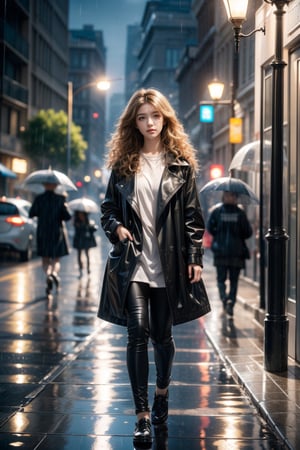 Rainy day,evening,street,street lamp,16 yo,girl,very long hair, curly hair,leaning window,walking on the street,side lights,backlighting,Best Quality, 32k, photorealistic, ultra-detailed, finely detailed, high resolution, perfect dynamic composition, beautiful detailed eyes, sharp-focus, full body shot,rain, Rainy Day